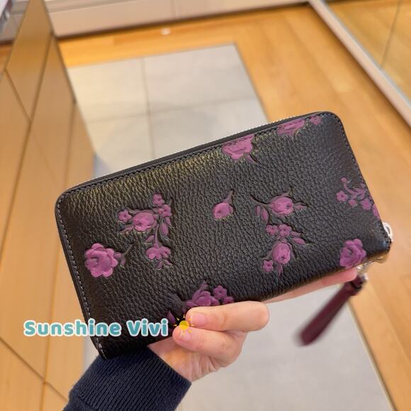NWT Coach Long Zip Around Wallet With Floral Print CCL36 Black/Purple - Picture 3 of 10